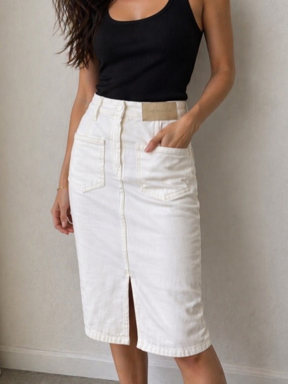 The Mannei White Denim Pencil‎ Skirt XS Minimalist Scandi Clean Girl Coastal